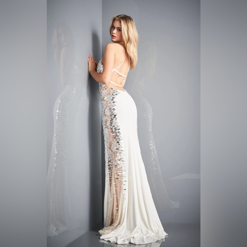 Jovani, size 0, white with mirror cut outs down the side